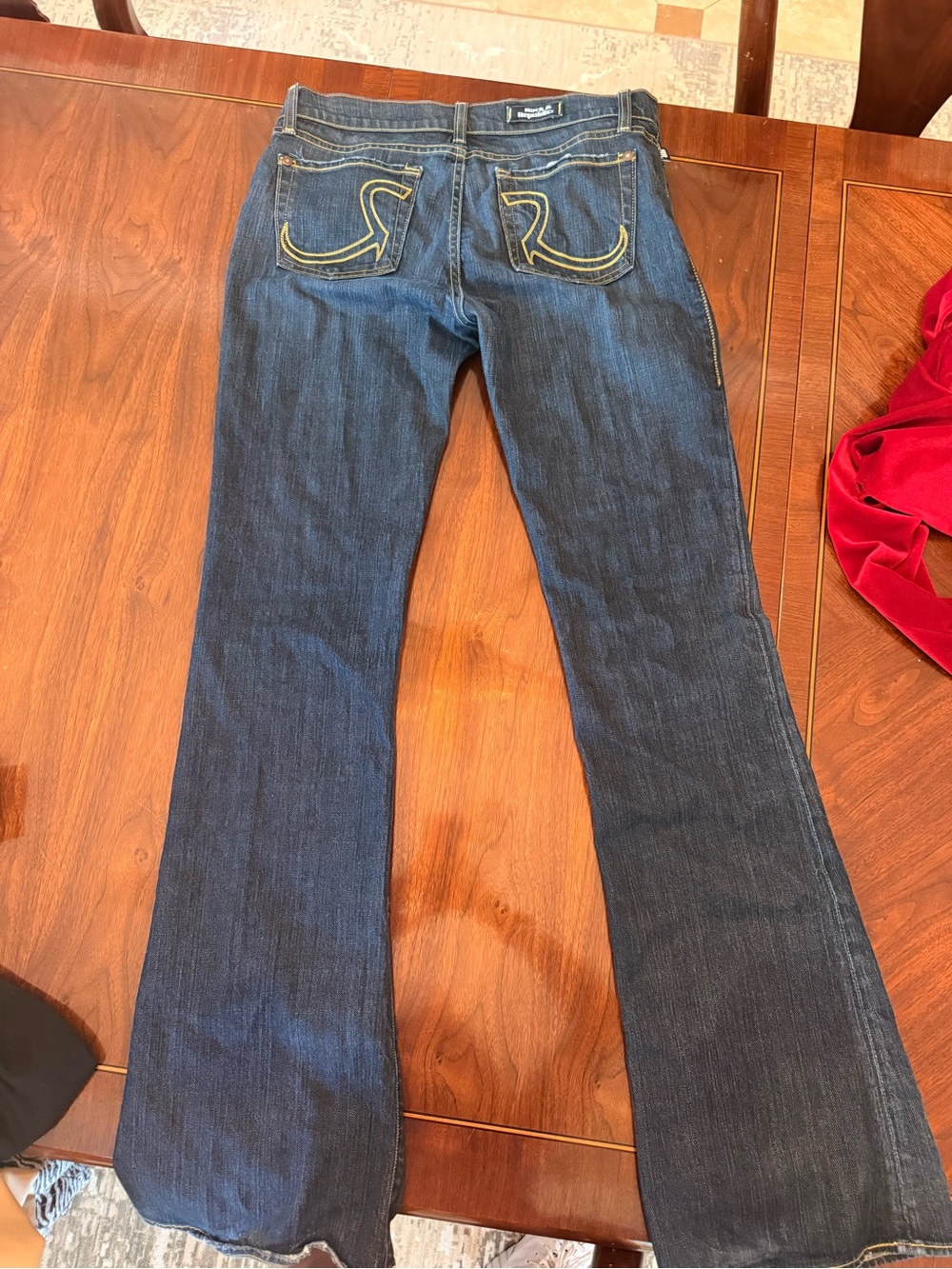 Rock & Republic Dark Blue Flare Jeans with Yellow Contrast Stitching
